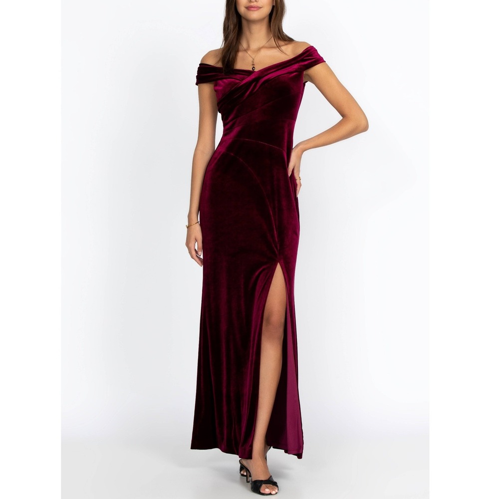 Johnny Was Burgundy Solid Stretch Velvet Off Shoulder Gown Size 4 NWT